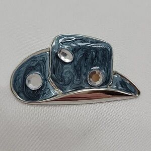 Beautiful Brooch Pin Silver Tone Cowboy Hat Marbled Blue Enamel Clear Rhinestone